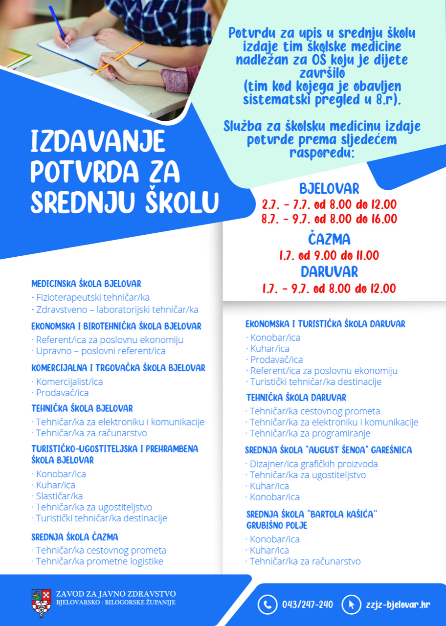 Izdavanje potvrda za srednju školu-Školska medicina